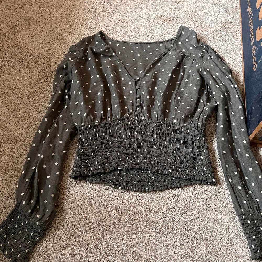 American Eagle Long Sleeve Polka Dot Crop with Banded Waist